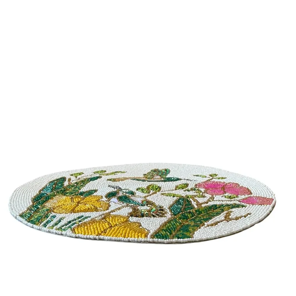 Nicole Miller Glass Beaded Placemat Charger 15in Colorful Bird & Floral NEW